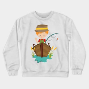 Fishing Boy, Fisherman, Fishing Rod, Orange Hair Crewneck Sweatshirt